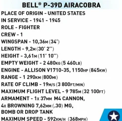 Cobi: World War II - Bell P-39D Airacobra (US) Historical Collection 1/32 Scale Fighter Plane Building Block Construction Set (361 Pieces)