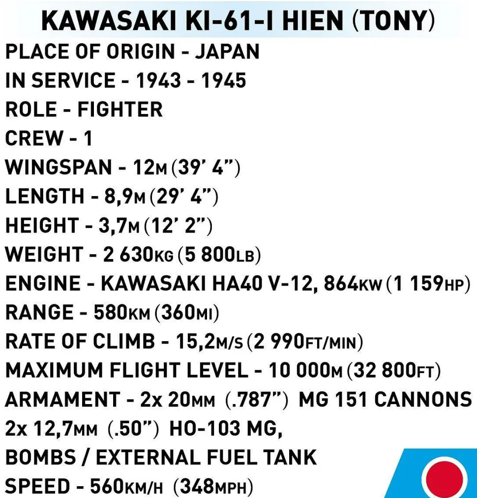 Cobi: World War II - Kawasaki Ki-61-I-Hien (Tony) Historical Collection 1/32 Scale Building Block Construction Set (324 Pieces)