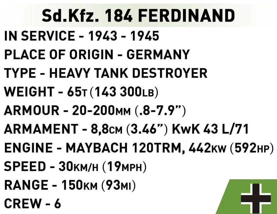 Cobi: World War II - Sd.Kfz. 184 Ferdinand Tank Historical Collection 1/28th Scale Building Block Construction Set (1268 Pieces)