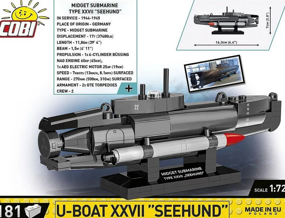 Cobi: World War II - U-Boat XXVII "Seehund" Submarine Historical Collection 1/72 Scale Building Block Construction Set (181 Pieces)
