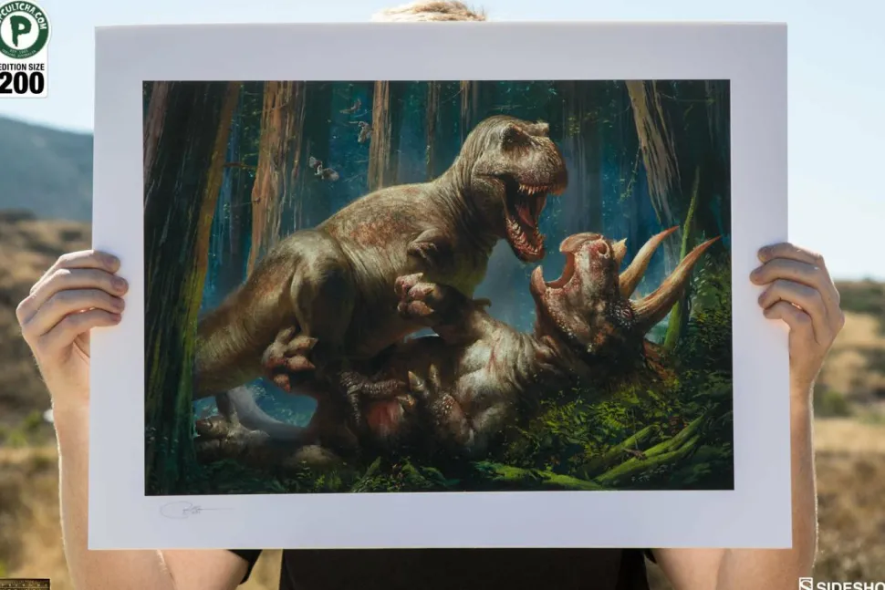 Dinosauria - T-Rex vs Triceratops Premium Art Print by RJ Palmer