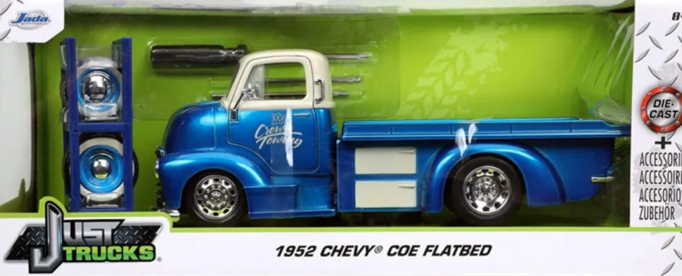 Just Trucks - Blue 1952 Chevrolet Coe Flatbed with Tyre Rack 1/24th Scale Die-Cast Vehicle Replica
