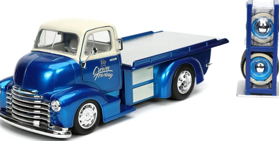 Just Trucks - Blue 1952 Chevrolet Coe Flatbed with Tyre Rack 1/24th Scale Die-Cast Vehicle Replica