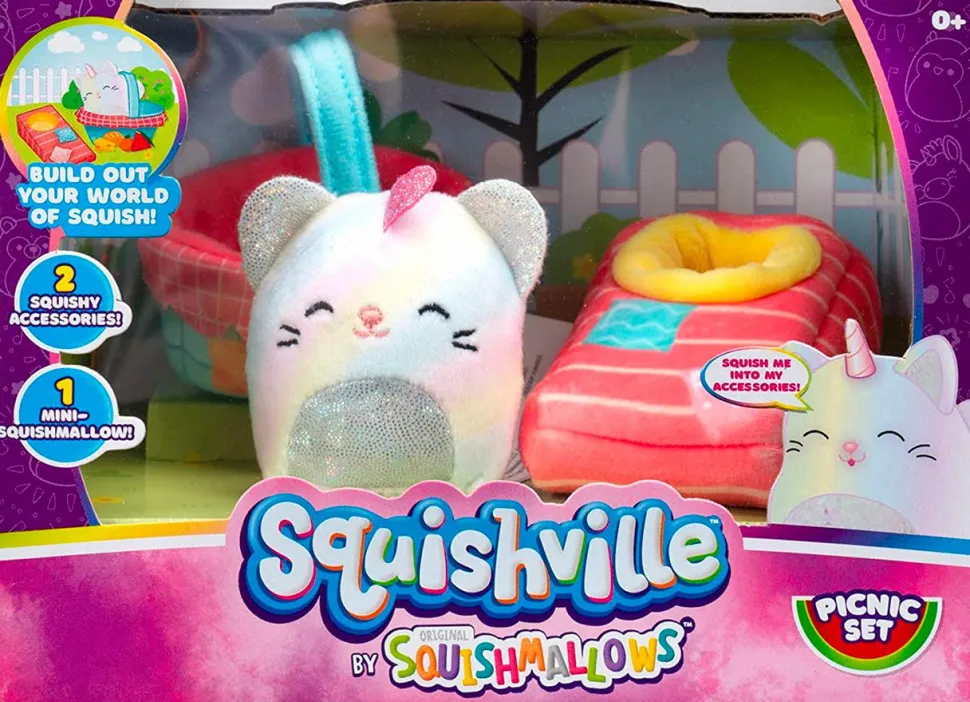 Squishville - Picnic Set with Camilla the Rainbow Caticorn Mini Squishmallows 2” Plush Playset